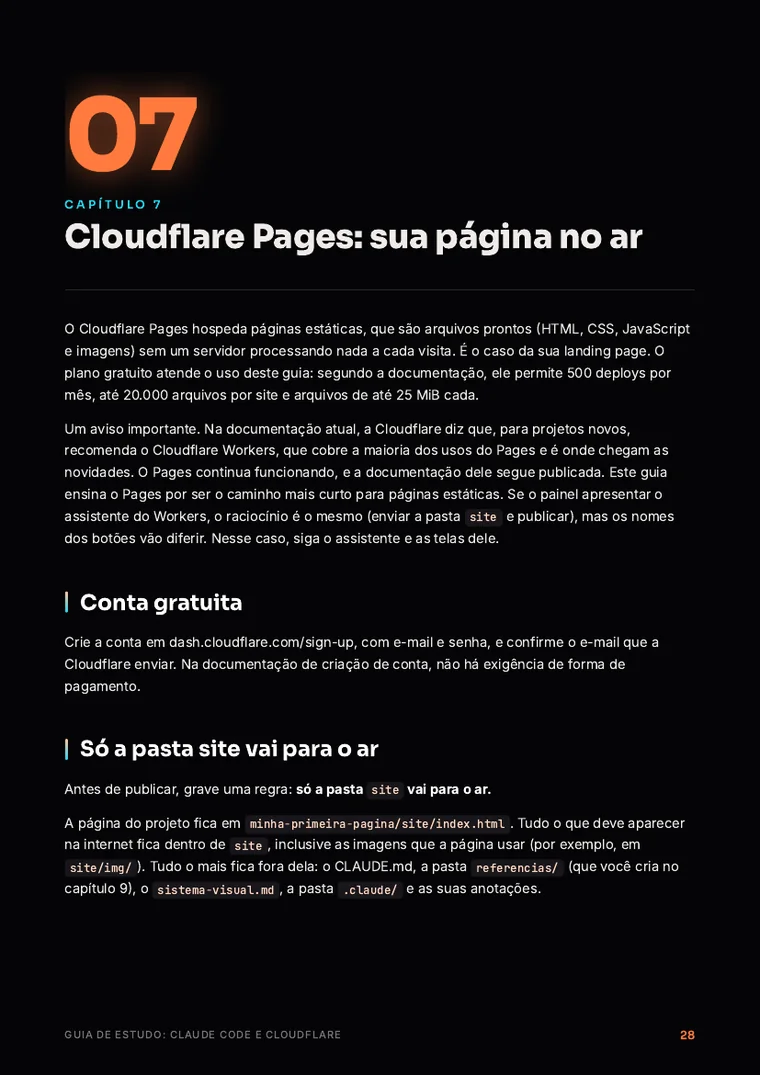 Página do guia de estudo: abertura do capítulo sobre Cloudflare Pages