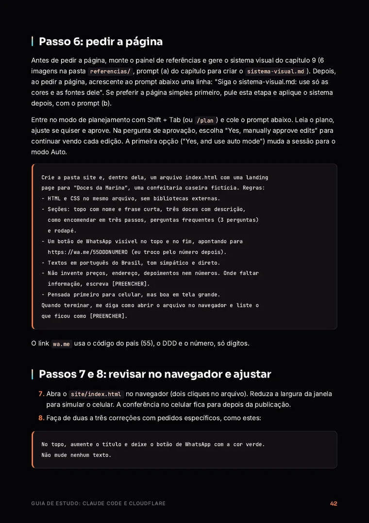 Página do guia de estudo com um prompt pronto para pedir a página ao Claude Code